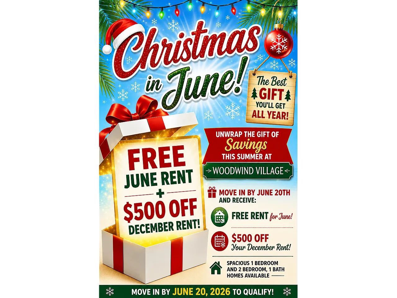 Festive Christmas in June promotion at Woodwind Village offering free June rent and $500 off December. Move in by June 20, 2026, to unlock big savings on spacious 1 and 2-bedroom homes.