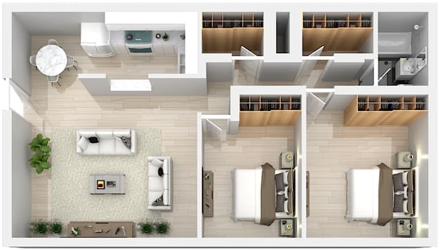 A top-down view of a small apartment layout with a kitchen, living room, and bathroom.