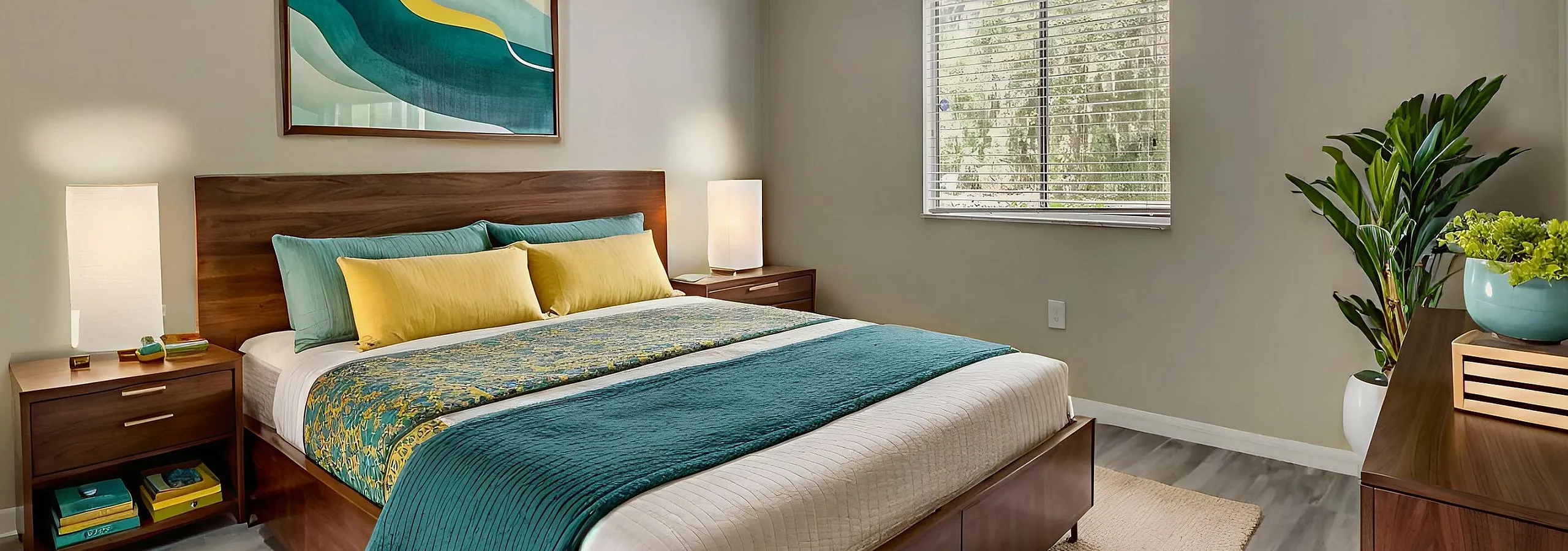 Serene bedroom with a modern aesthetic, featuring a plush bed with teal and yellow accents, elegant wooden furniture, and vibrant artwork for a cozy retreat.
