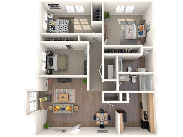 Modern 3D floor plan showcasing 3 bedrooms, inviting living space, elegant kitchen, and 2 full bathrooms with stylish finishes.