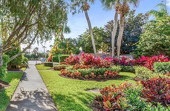 Lush garden pathway lined with vibrant tropical plants and trees, leading to a serene apartment entrance under a clear blue sky.