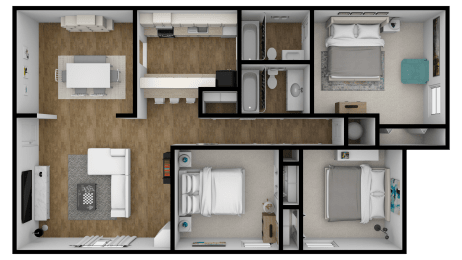 3Bed 2Bath Floor Plan at Lifestyle at Shreveport Apartments, Shreveport, LA, 71109