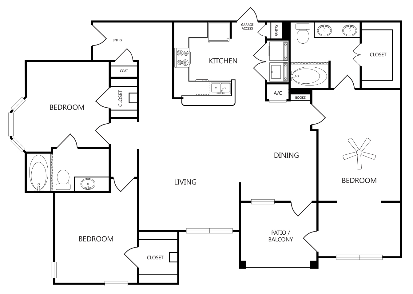 3-bedroom, 2-bathroom apartment layout with 1539 sq ft at Tradewinds Apartments in Midland, TX.