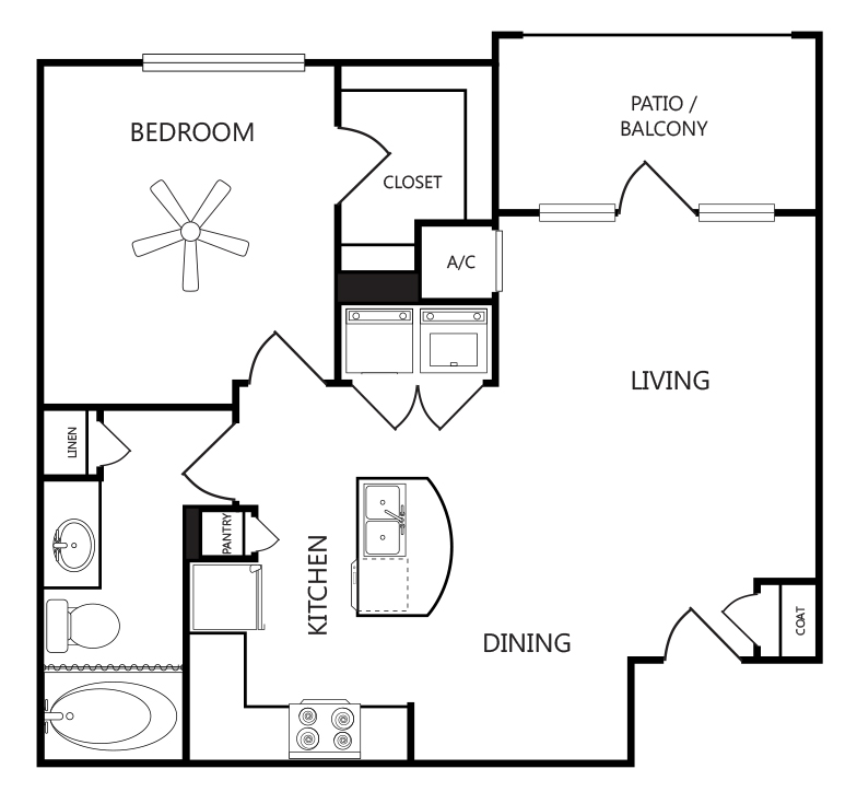 1-bedroom, 1-bathroom apartment layout with 714 sq ft at Tradewinds Apartments in Midland, TX.