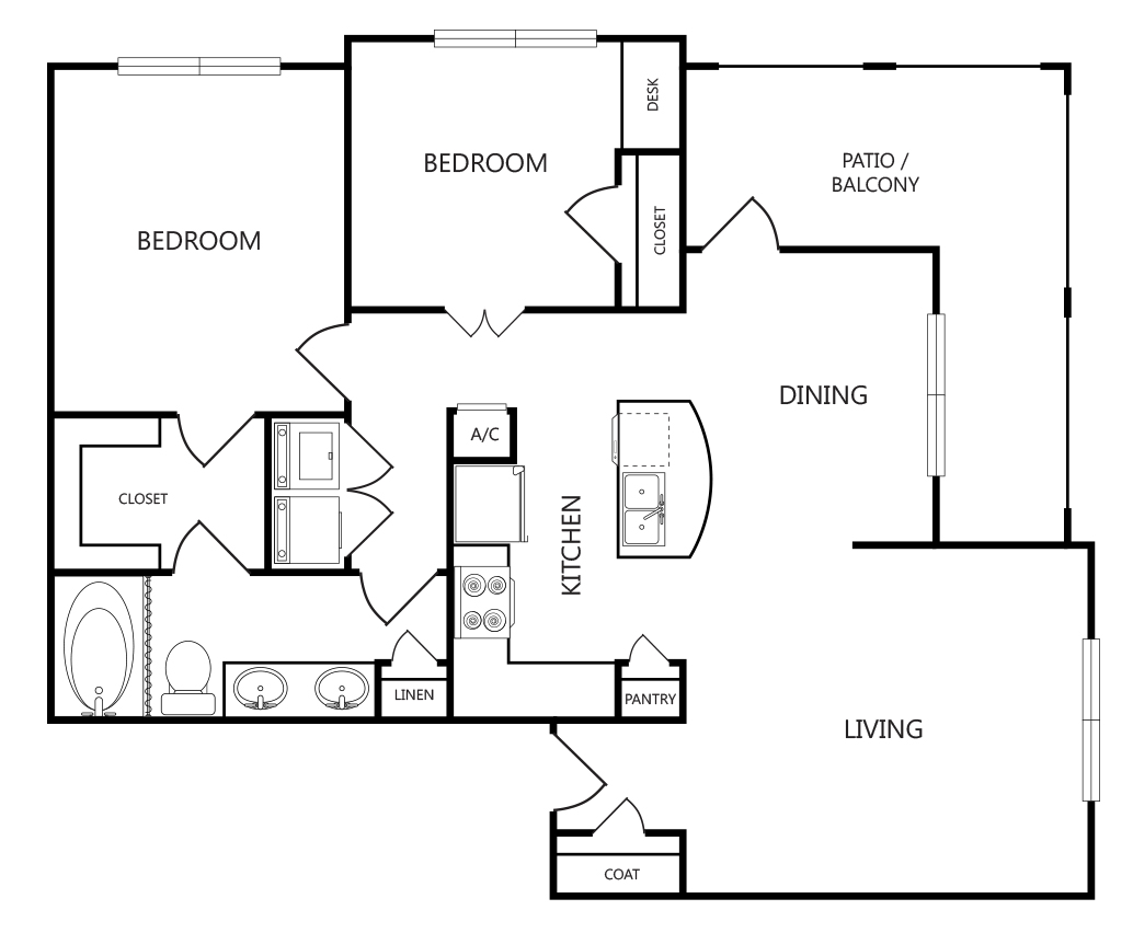 2-bedroom, 1-bathroom apartment layout with 975 sq ft at Tradewinds Apartments in Midland, TX.