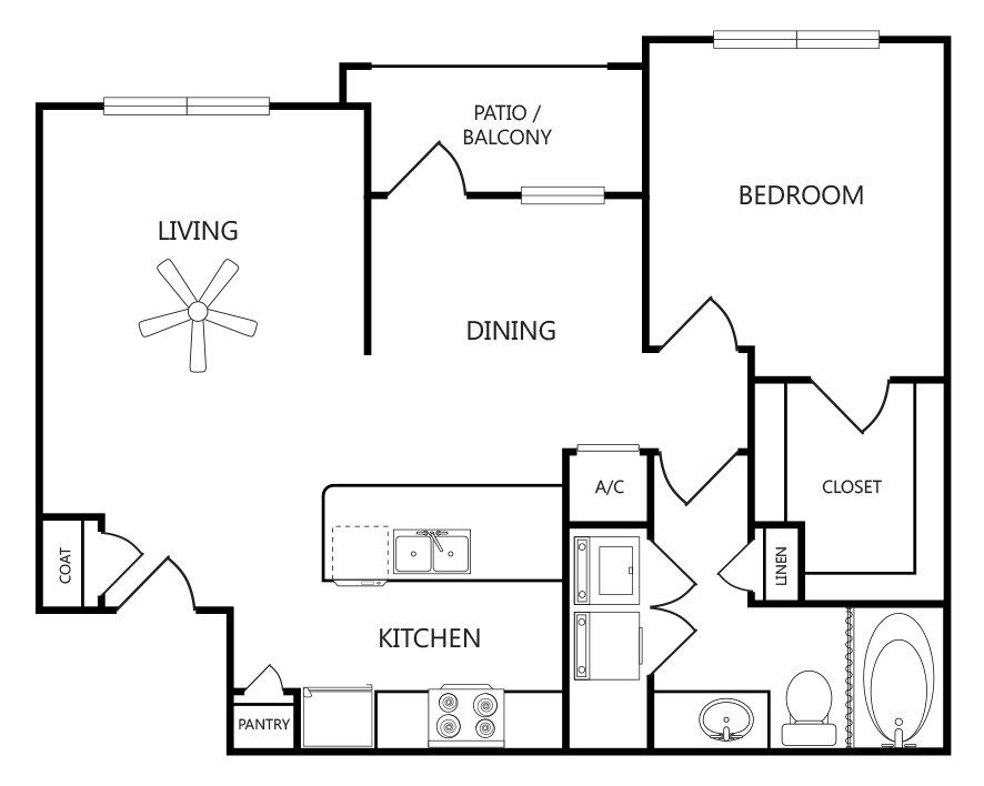 1-bedroom, 1-bathroom apartment layout with 806 sq ft at Tradewinds Apartments in Midland, TX.