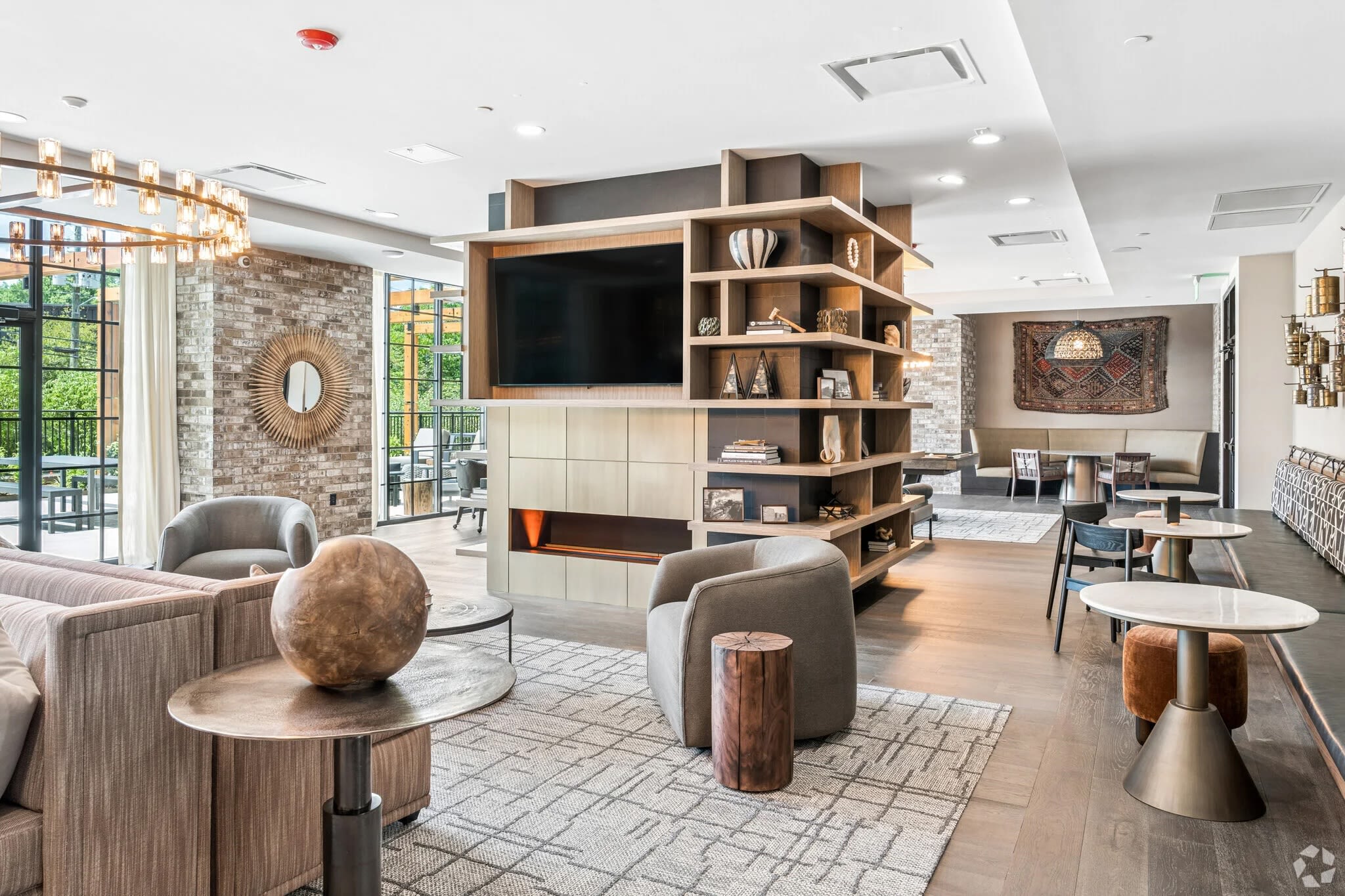 Stylish clubhouse lounge with modern decor at Oldham & Worth in Raleigh, NC