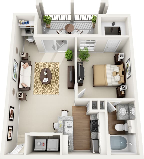A top-down view of a small apartment with a kitchen, living room, and bathroom.