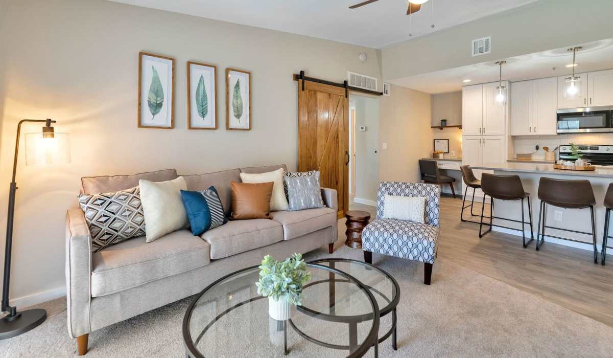 Living room with vintage furnishings at Tatum Place in Scottsdale, Arizona  