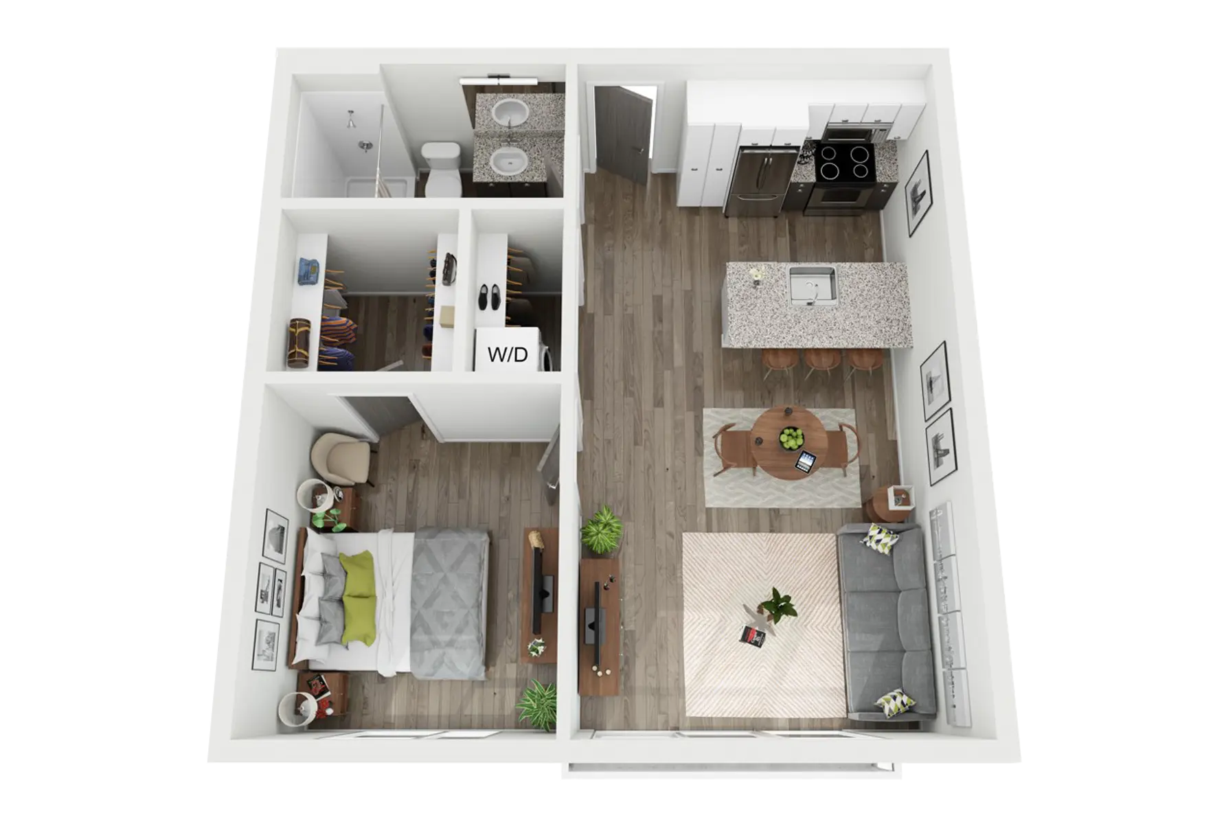 3D floor plan of a one-bedroom apartment with a living room, kitchen, bathroom, bedroom, and balcony.