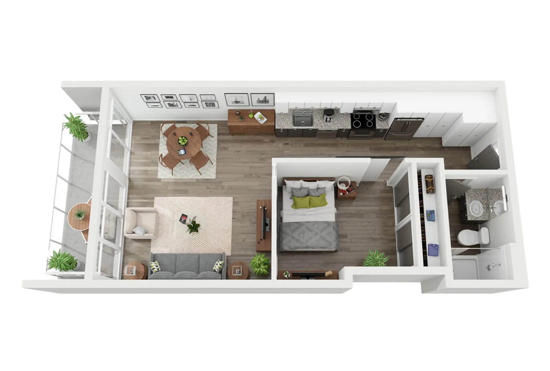 3D top-down layout of a modern one-bedroom apartment with living area, kitchen, bedroom, and bathroom.