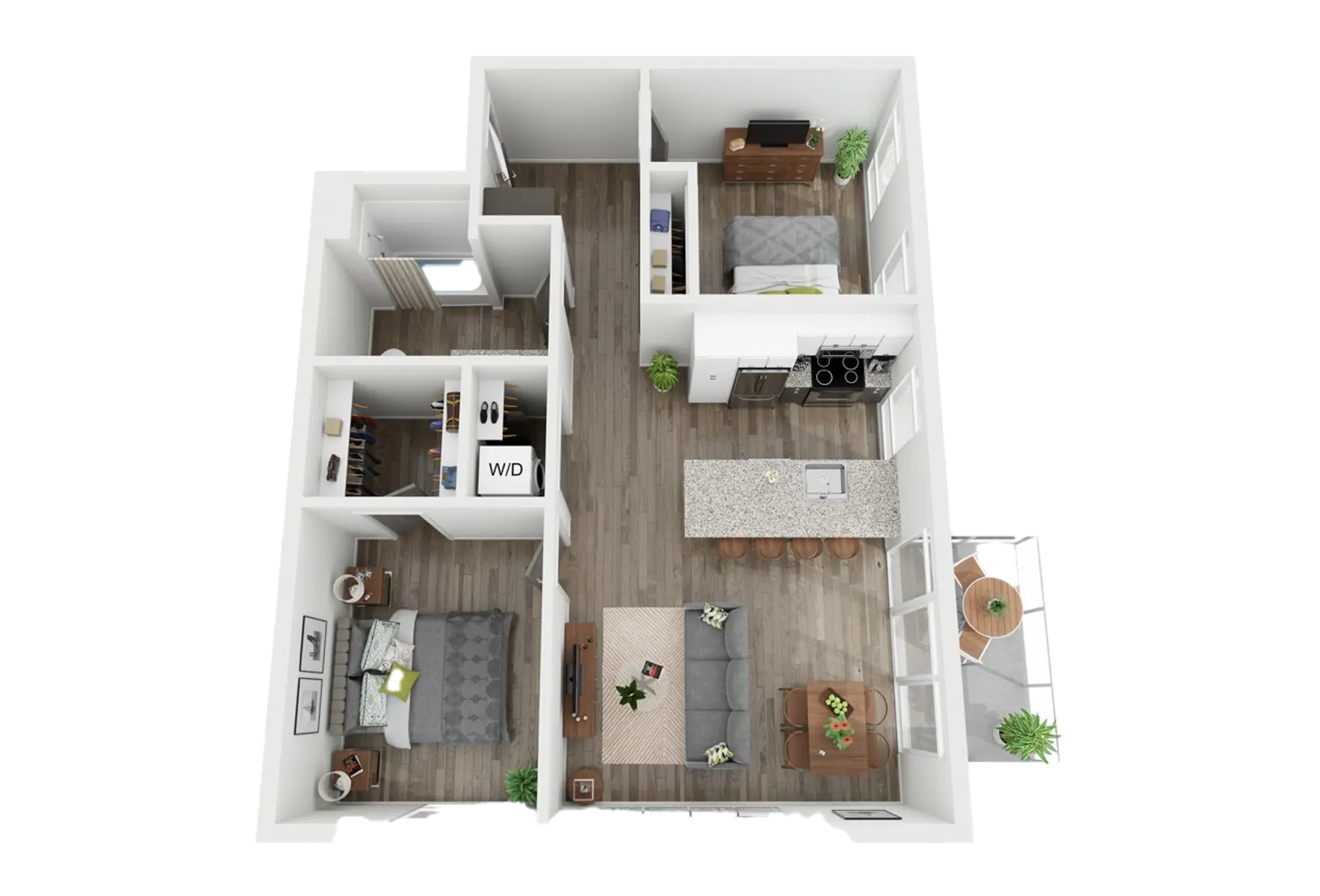 3D floor plan of a modern two-bedroom apartment with living room, kitchen, and bathroom, top-down view.