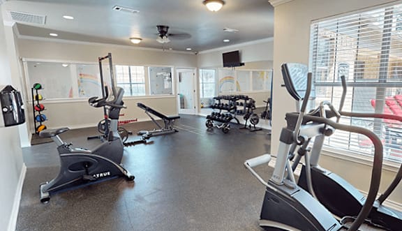 A gym with a row of exercise bikes.