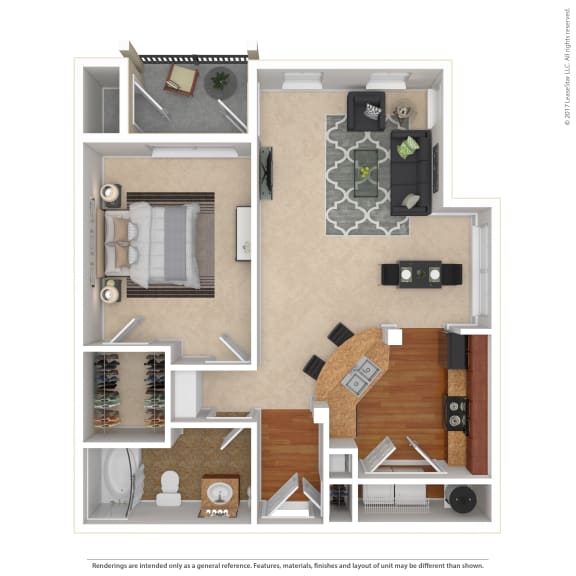 1 bedroom 1 bath apartment rendering in 3D.
