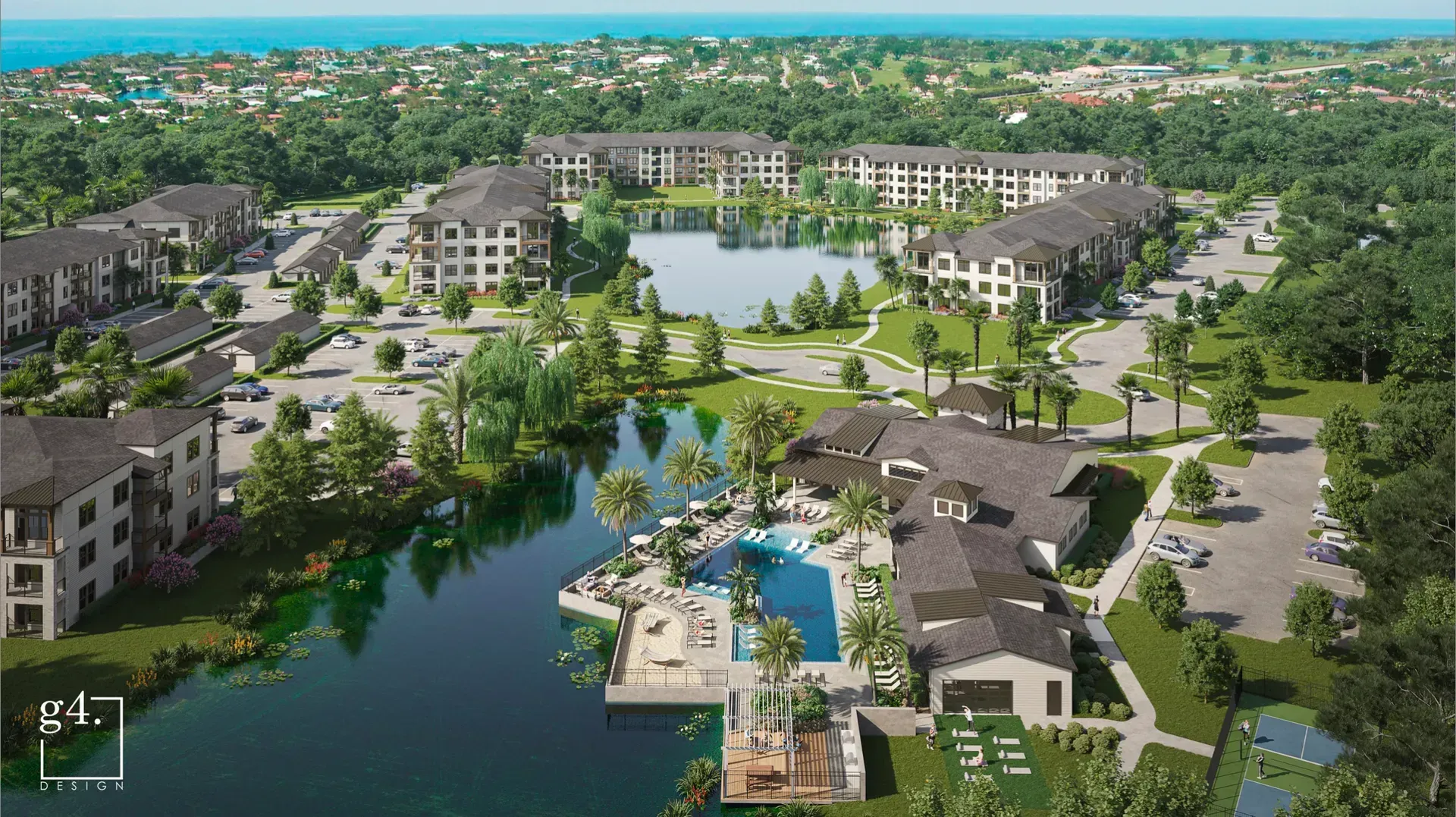 Aerial view of a tropical resort with pools, lagoons, palm trees, and rows of low-rise buildings.