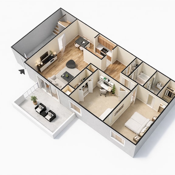 Thumbnail 1 of 3 A 3D floor plan of a house with multiple rooms.