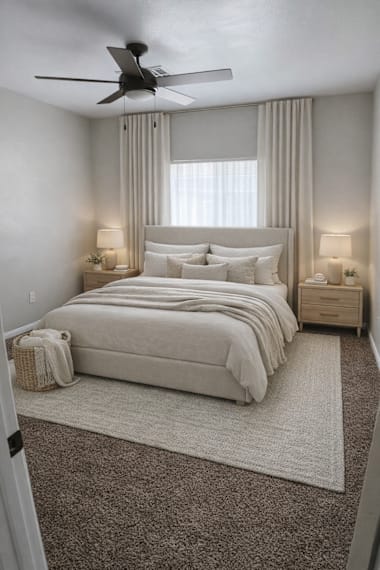 A bedroom with a large bed, two nightstands, and a ceiling fan.