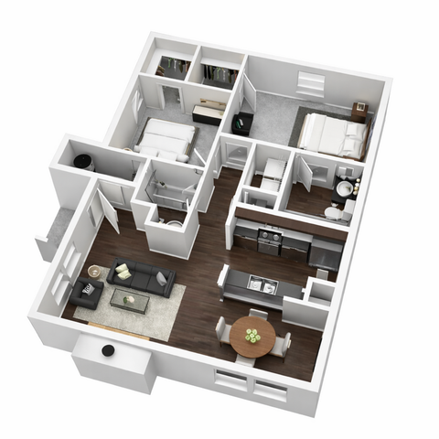 Modern 3D floor plan featuring two cozy bedrooms, a sleek open-concept kitchen, and a stylish living and dining area with wooden flooring.