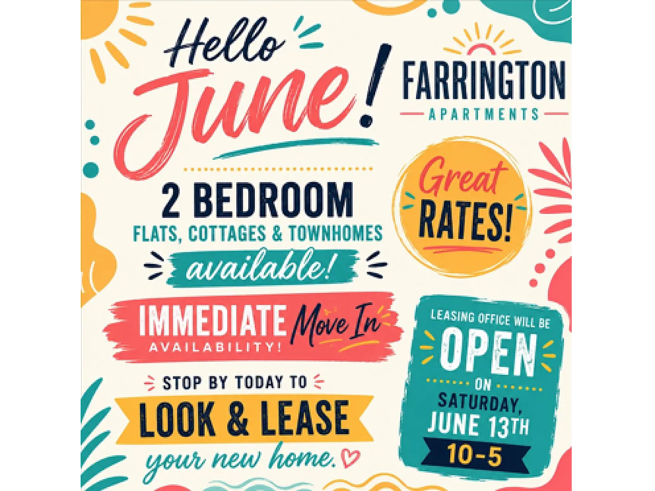 Farrington Apartments June promotion with 2-bedroom flats, cottages, and townhomes. Highlights include great rates, immediate move-in availability, and leasing office open on Saturday, June 13th, 10-5.