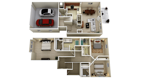 A top-down view of a two-story house with a car parked in the garage.