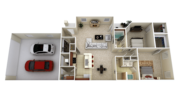 A top-down view of a house layout with a red car parked outside.