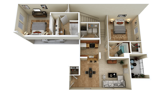 A 3D floor plan of a small apartment with a kitchen, living room, and bedrooms.