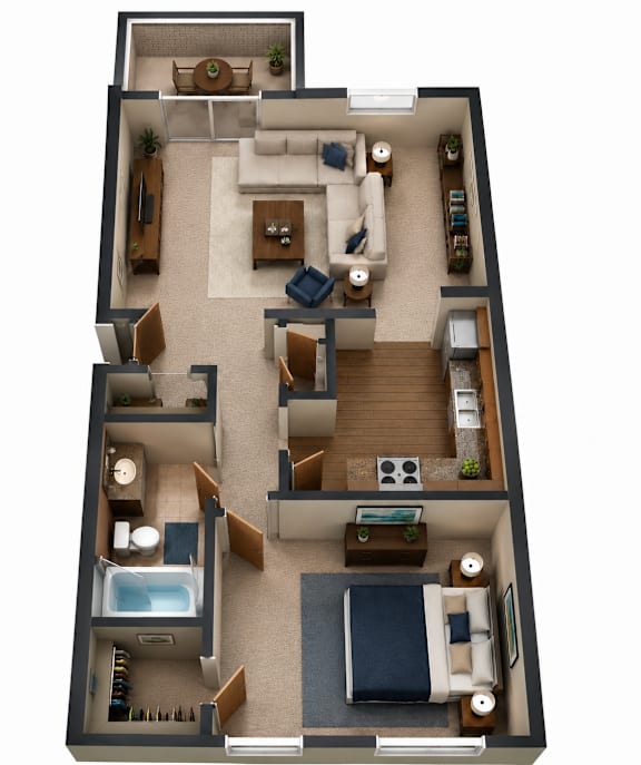 A top-down view of a small apartment with a bedroom, living room, kitchen, and bathroom.