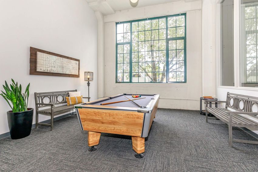 A well-lit recreational room featuring a pool table in the center, surrounded by two wooden benches. There is a large window with green frames letting in natural light, and a decorative plant in a pot nearby. The flooring is carpeted in a neutral tone, creating a cozy atmosphere.
