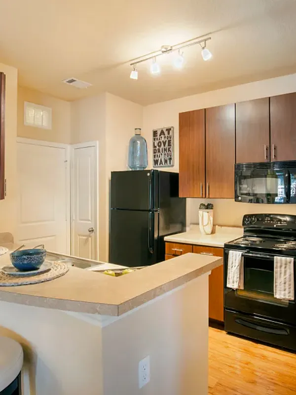 Chic kitchen with modern appliances, elegant wood cabinets, and a cozy breakfast bar for two.