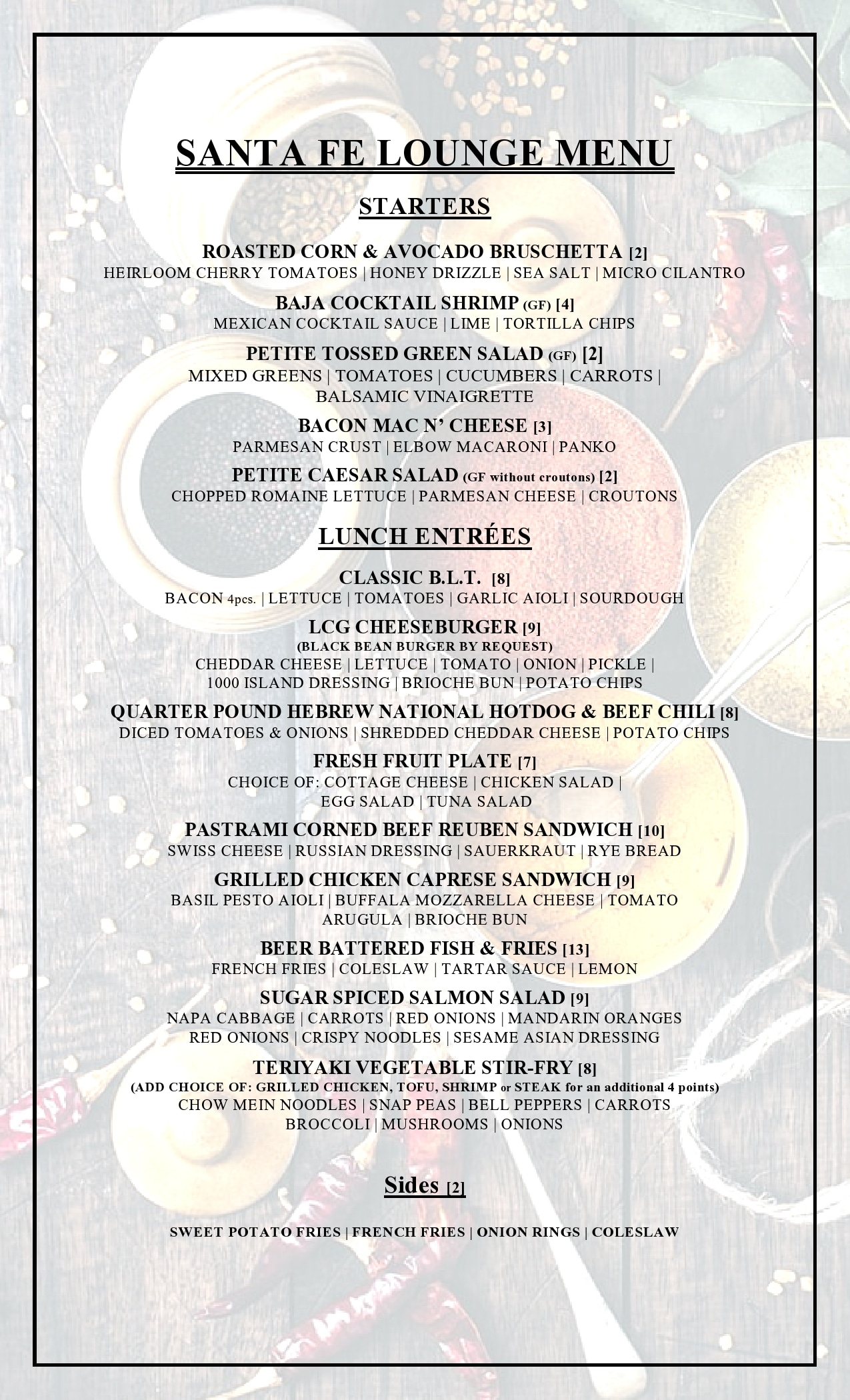 Monterey Daily Santa Fe Lounge Menu with Points