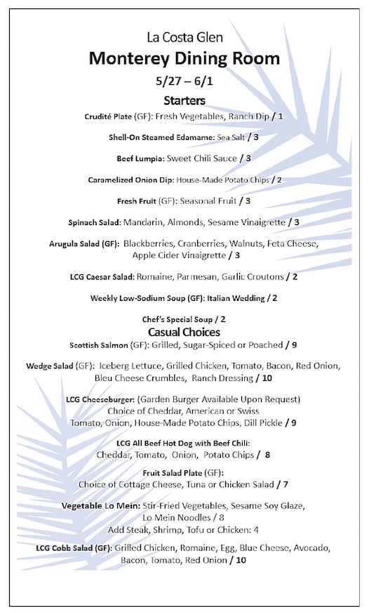 Monterey Dining menu page 1