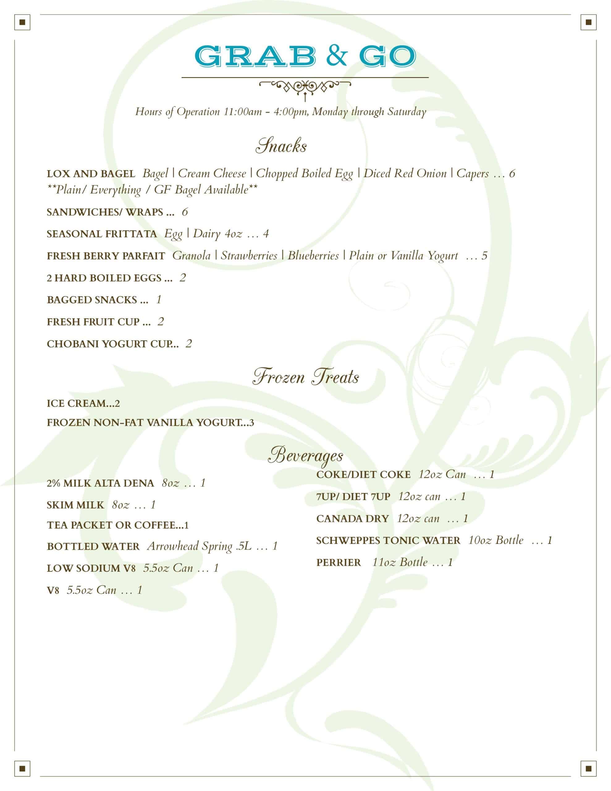 Grab and Go menu and hours