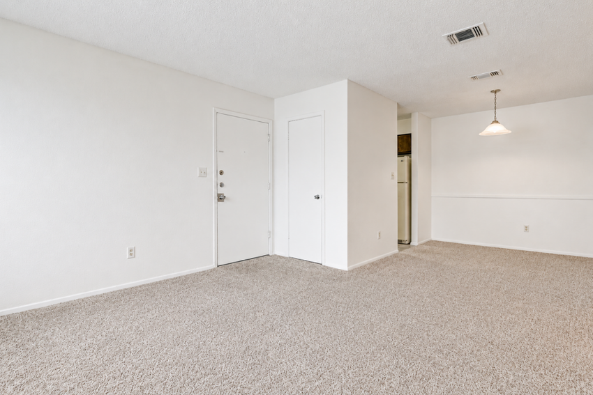 A spacious, empty living area with light beige carpet, white walls, and a ceiling fixture. The entrance features a plain door, and there is a small closet to the right. In the background, a doorway leads to a kitchen area. Natural light fills the room, creating a bright and open atmosphere.