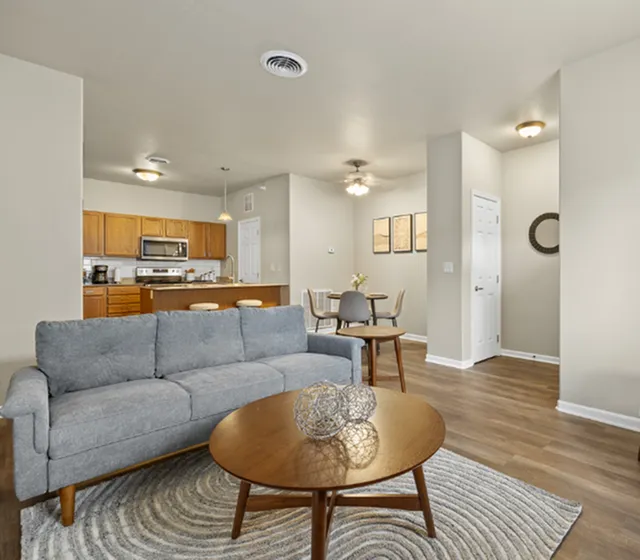 Inviting open-concept living room with a cozy gray sofa, modern kitchen with wooden cabinets, and elegant dining area with stylish decor.