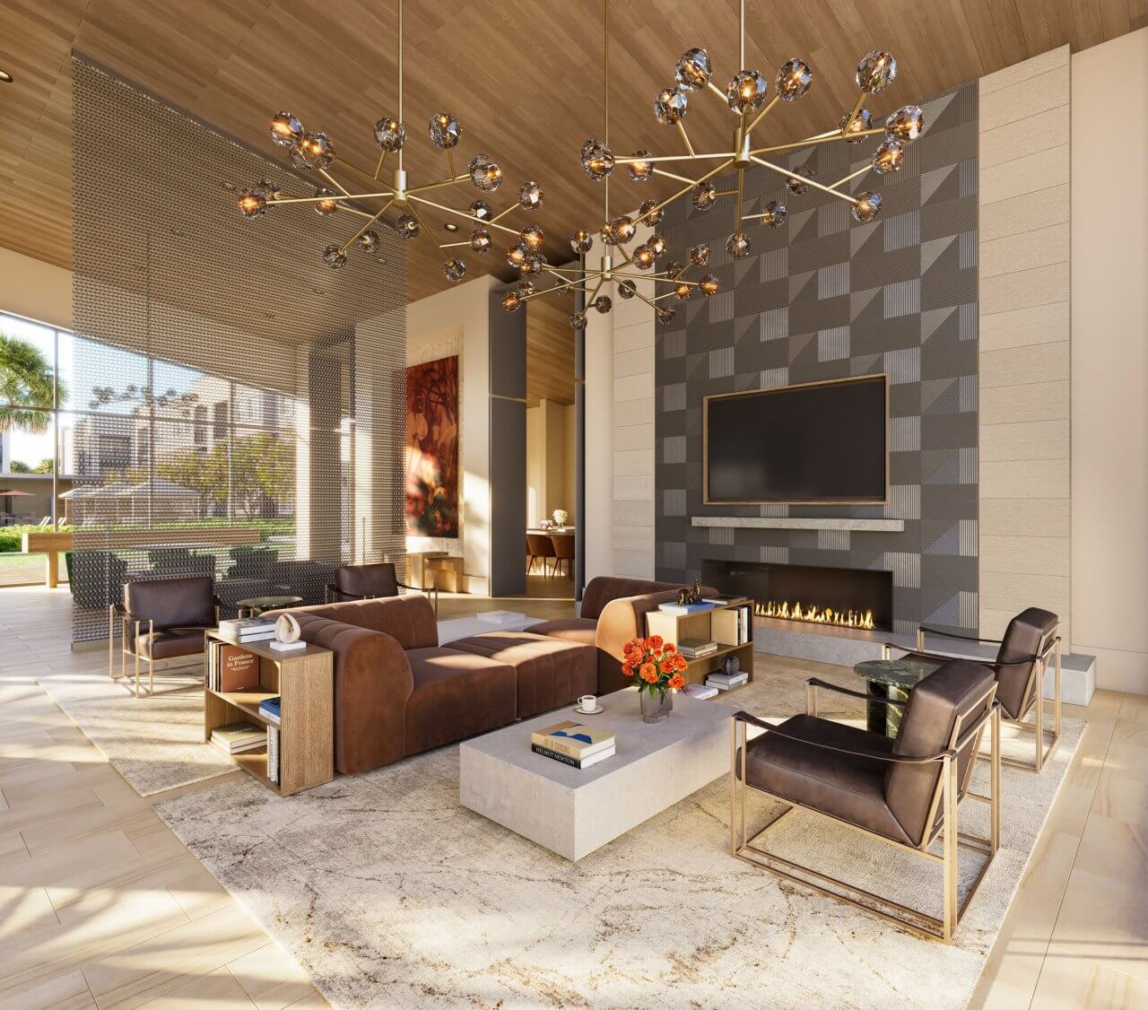 Luxury apartment lobby lounge featuring contemporary furniture, fireplace, and high ceilings at Miraluna in Las Vegas.
