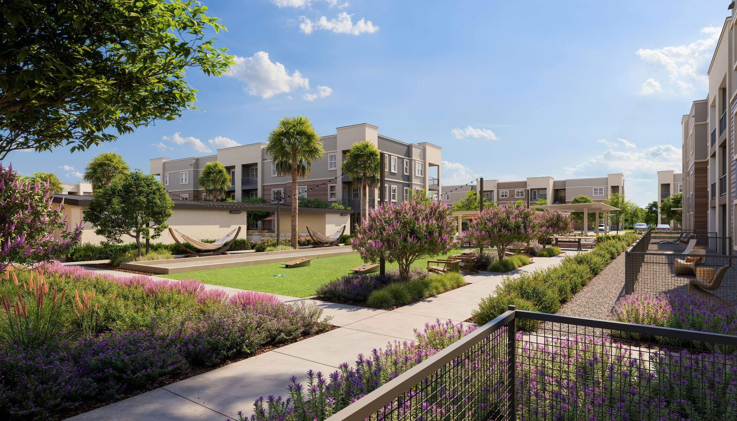 Miraluna luxury apartment for rent featuring spacious outdoor living areas, lush gardens near Henderson in Las Vegas.