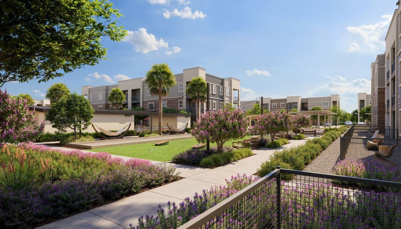 Miraluna luxury apartment for rent featuring spacious outdoor living areas, lush gardens near Henderson in Las Vegas.