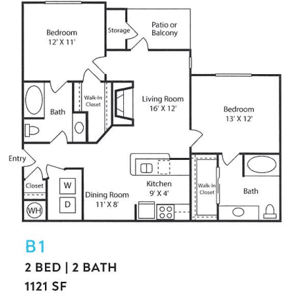 A floor plan of a 2 bedroom, 2 bathroom apartment.