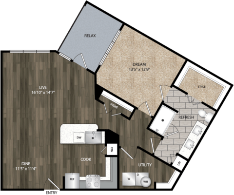 A6 floor plan, 967 square feet, 1 bed, 1 bath