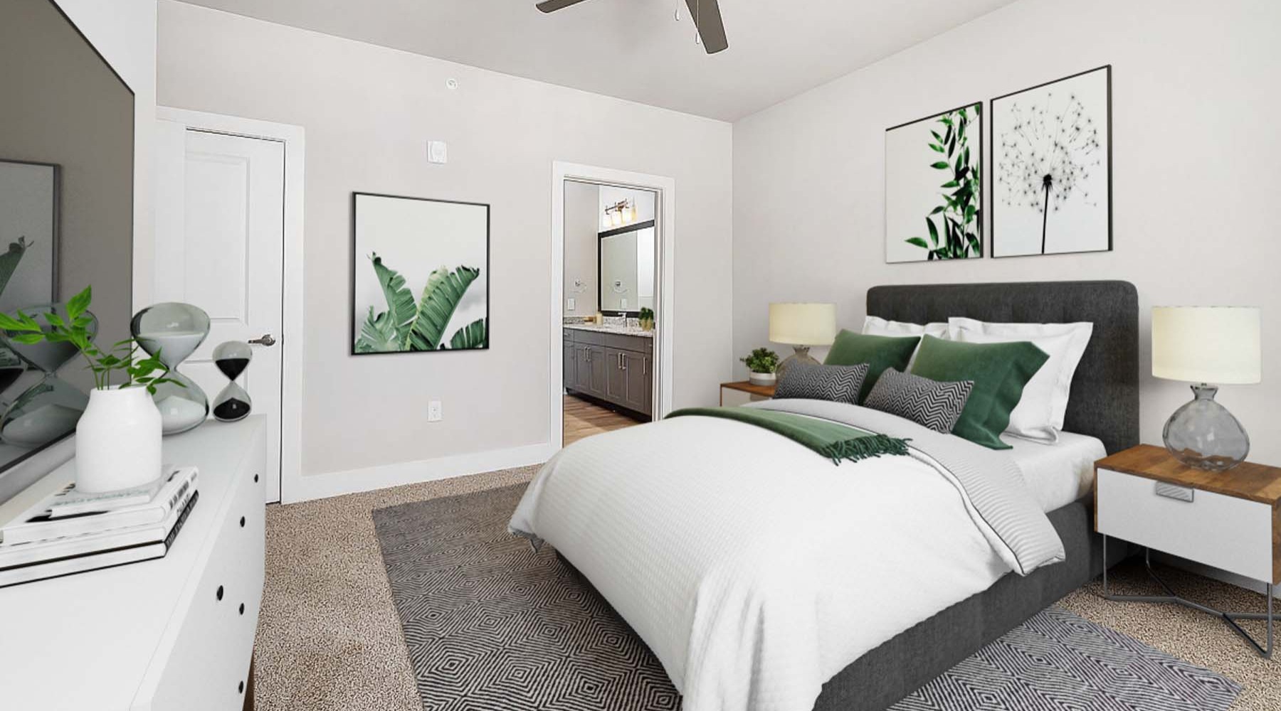 a bedroom with a bed and two nightstands