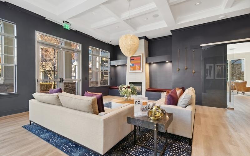 a living room with a large glass door