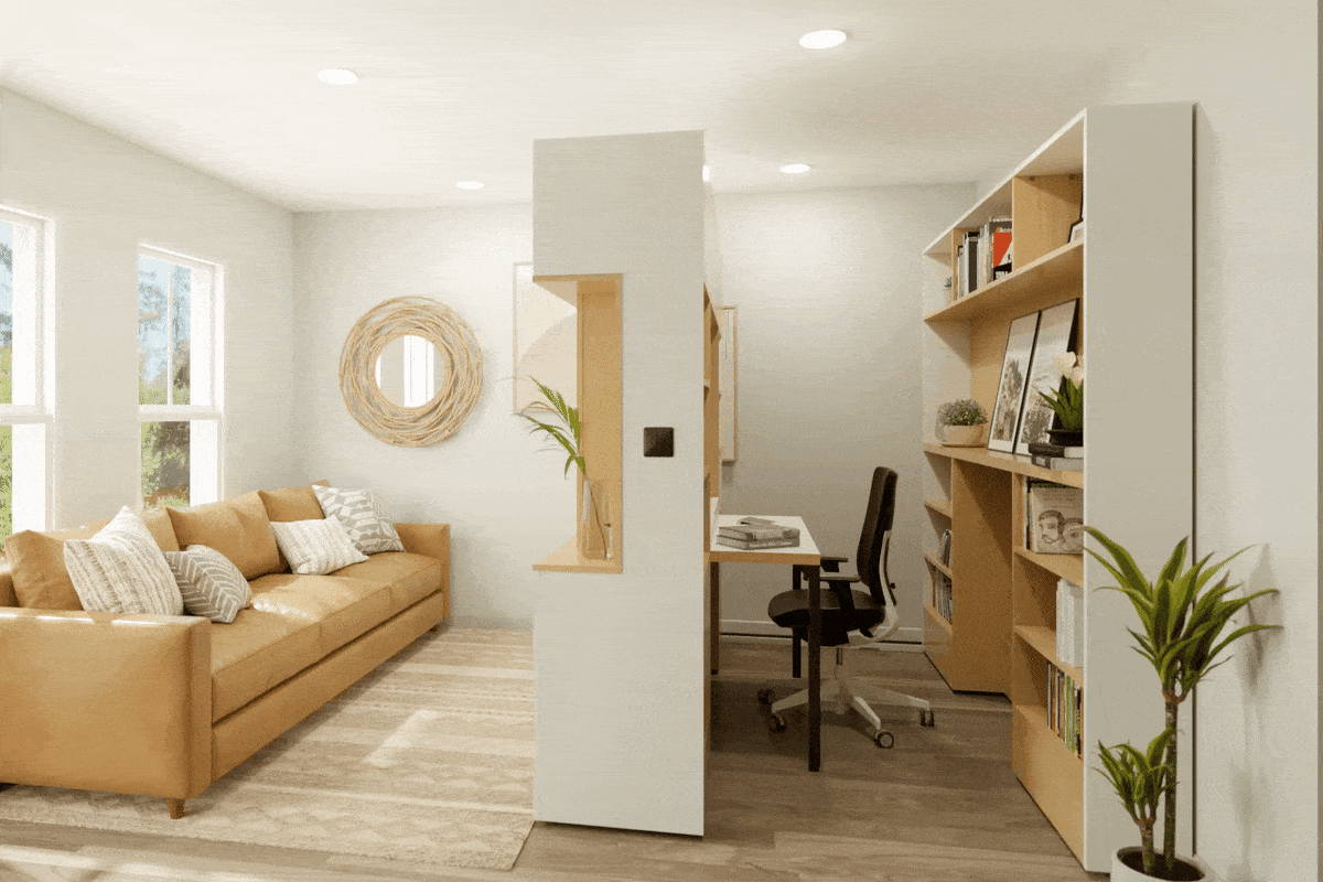 Office hidden in bookshelf, Ori Pocket Office Corner on Main in Jacksonville, Florida