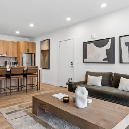 he Arden 1-Bedroom 1-Bathroom Living Room and Kitchen