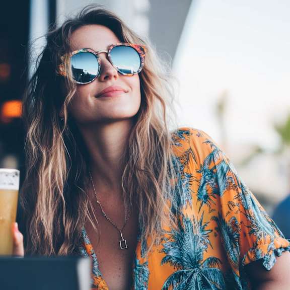 A woman in a tropical shirt and sunglasses is holding a glass of beer.