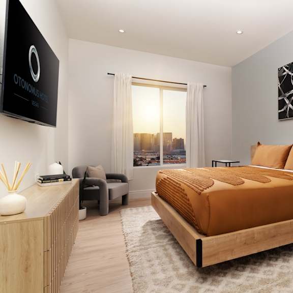 Otonomus Bedroom with Queen Size Wooden Bed overlooking Las Vegas Strip
