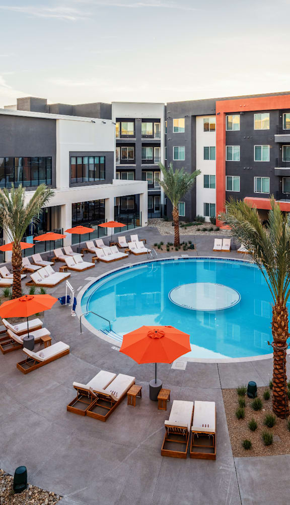 A pool surrounded by sun loungers and umbrellas.