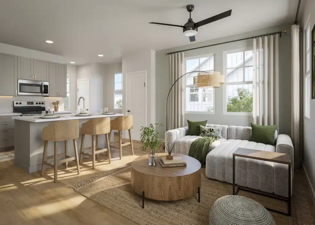 Modern open-concept living room and kitchen with neutral tones, a gray sectional sofa, round coffee table, kitchen island with bar stools, and large windows letting in natural light.