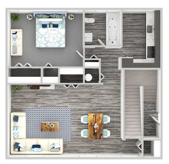 A top-down view of a room with a bed, couch, and dining table.
