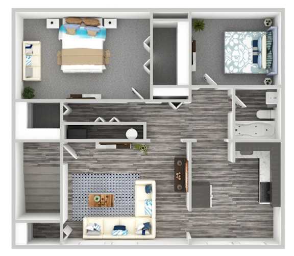 A top-down view of a modern apartment layout with a bedroom, living room, and kitchen.