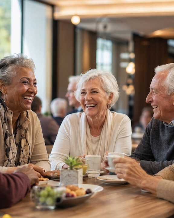 A group of seniors enjoying a meal together in a restaurant.